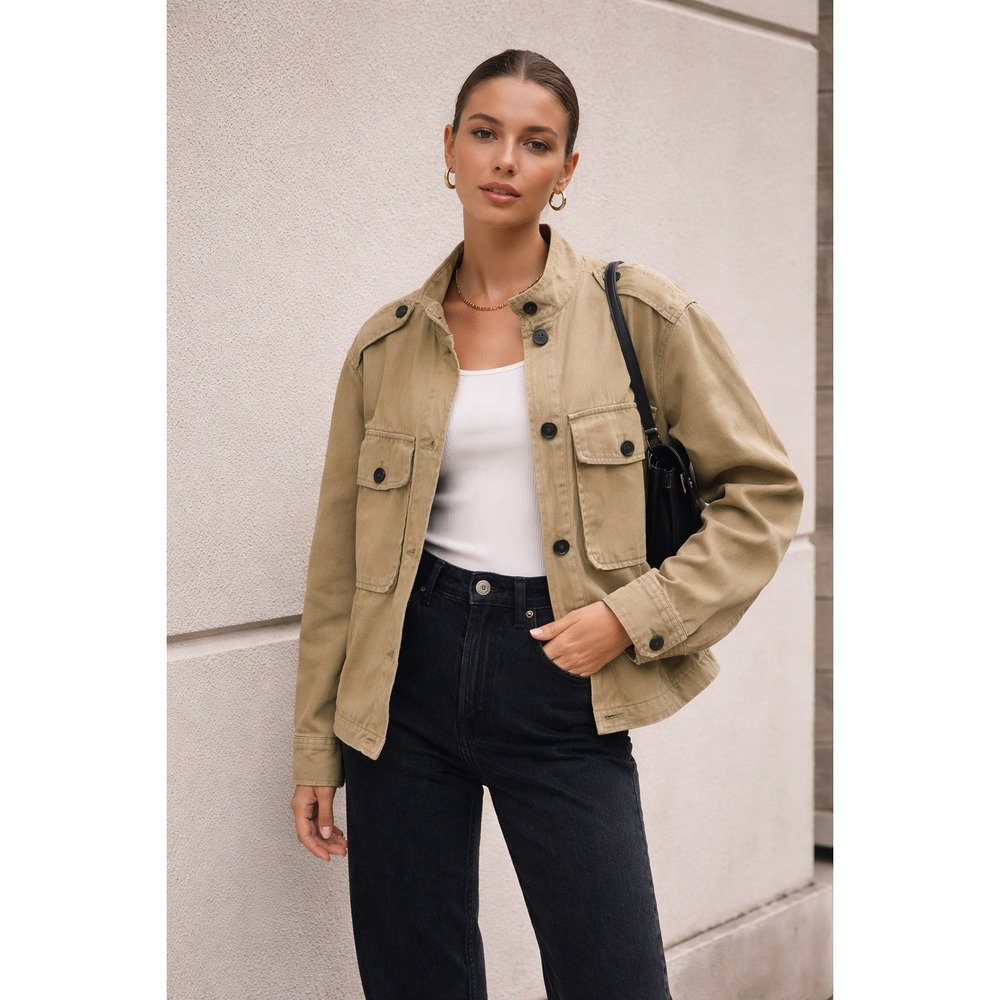 Zara Womens S‎ Tan Khaki Cotton Utility Military Field Jacket Gorpcore Cargo Y2K